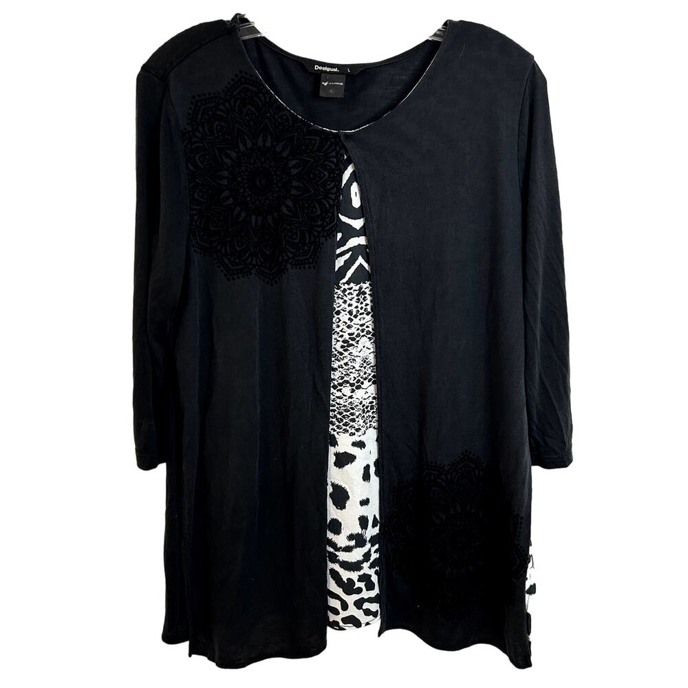 Desigual Womens Layered Top Size Large Black Velour Impressionist